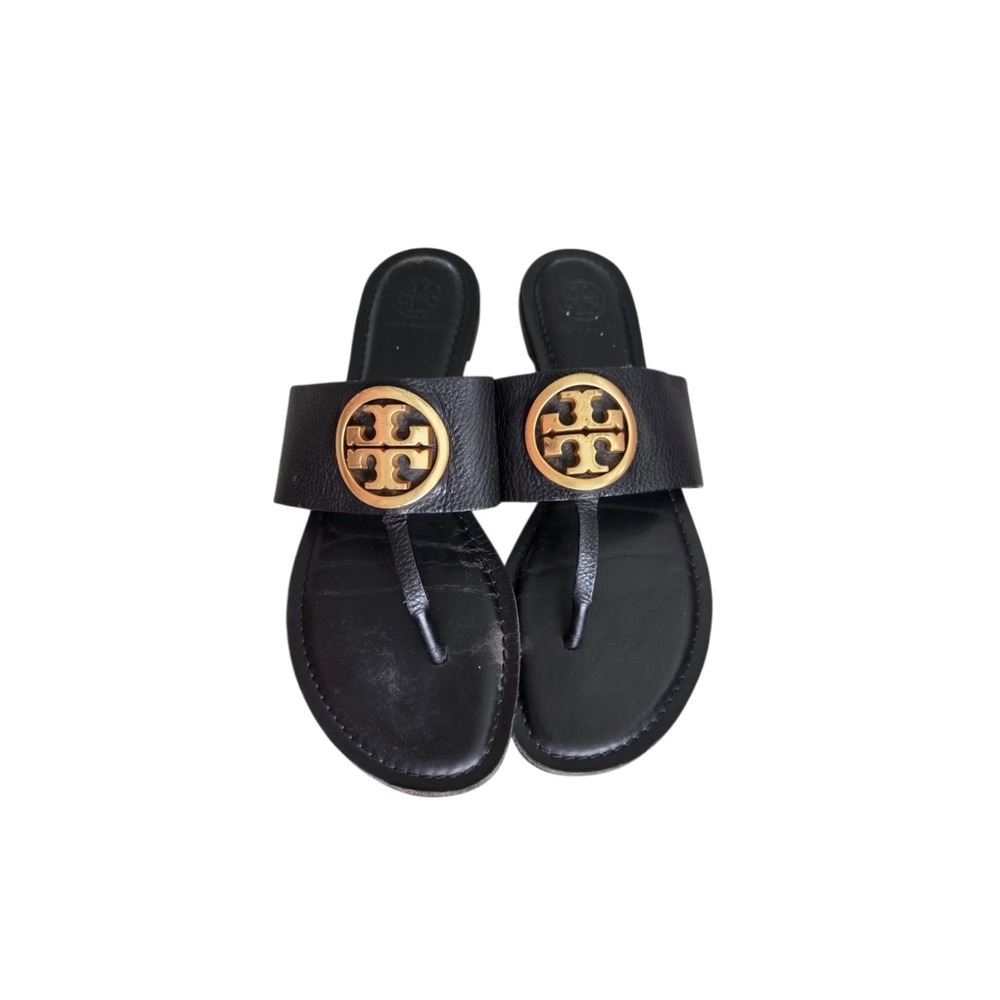 Tory Burch Benton Band Flat Thong Sandals 8 Black Calf Leather Logo Medallion